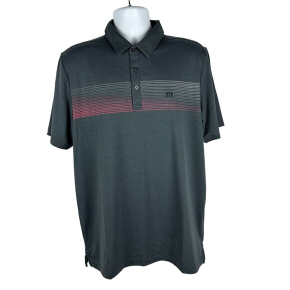 Travis Mathew Mens Polo Shirt  Size Large Gray With Pink & White Stripes - Picture 1 of 10